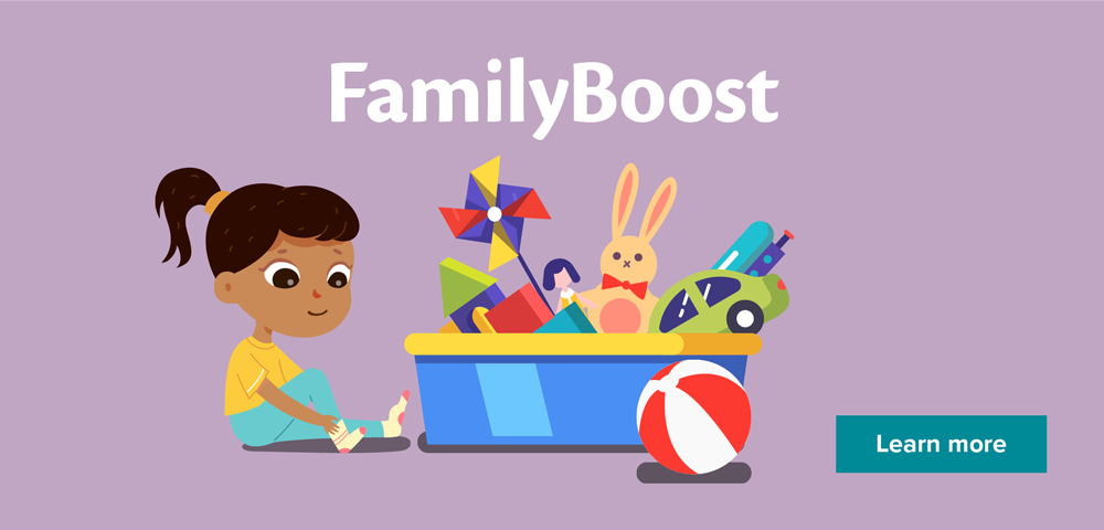 Image showing a child with box full of toys and the text FamilyBoost and Learn more