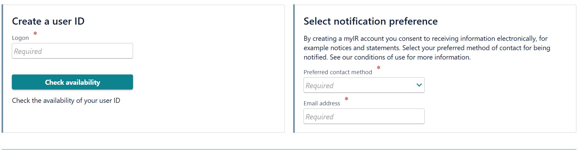 Screenshot of the Create a user ID step in myIR
