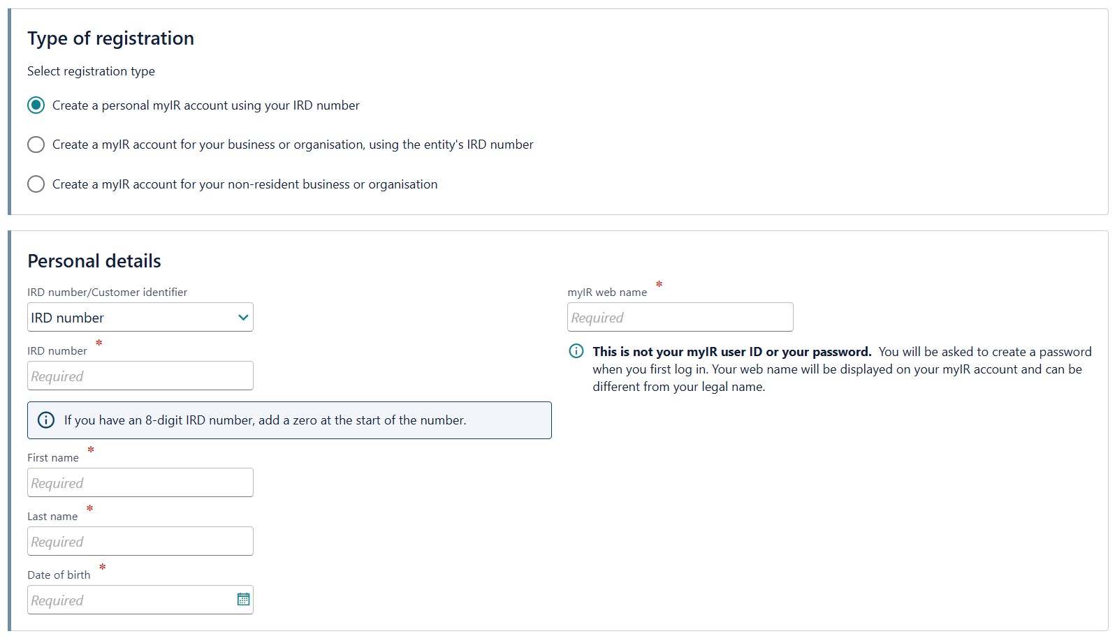 Screenshot of the type of registration step in myIR