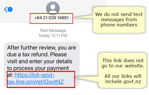 text message reading 'after further review you are due a tax refund. Please visit and enter your details to process your payments at https://ird-govt-tax.line.pm/ref/GovNZ